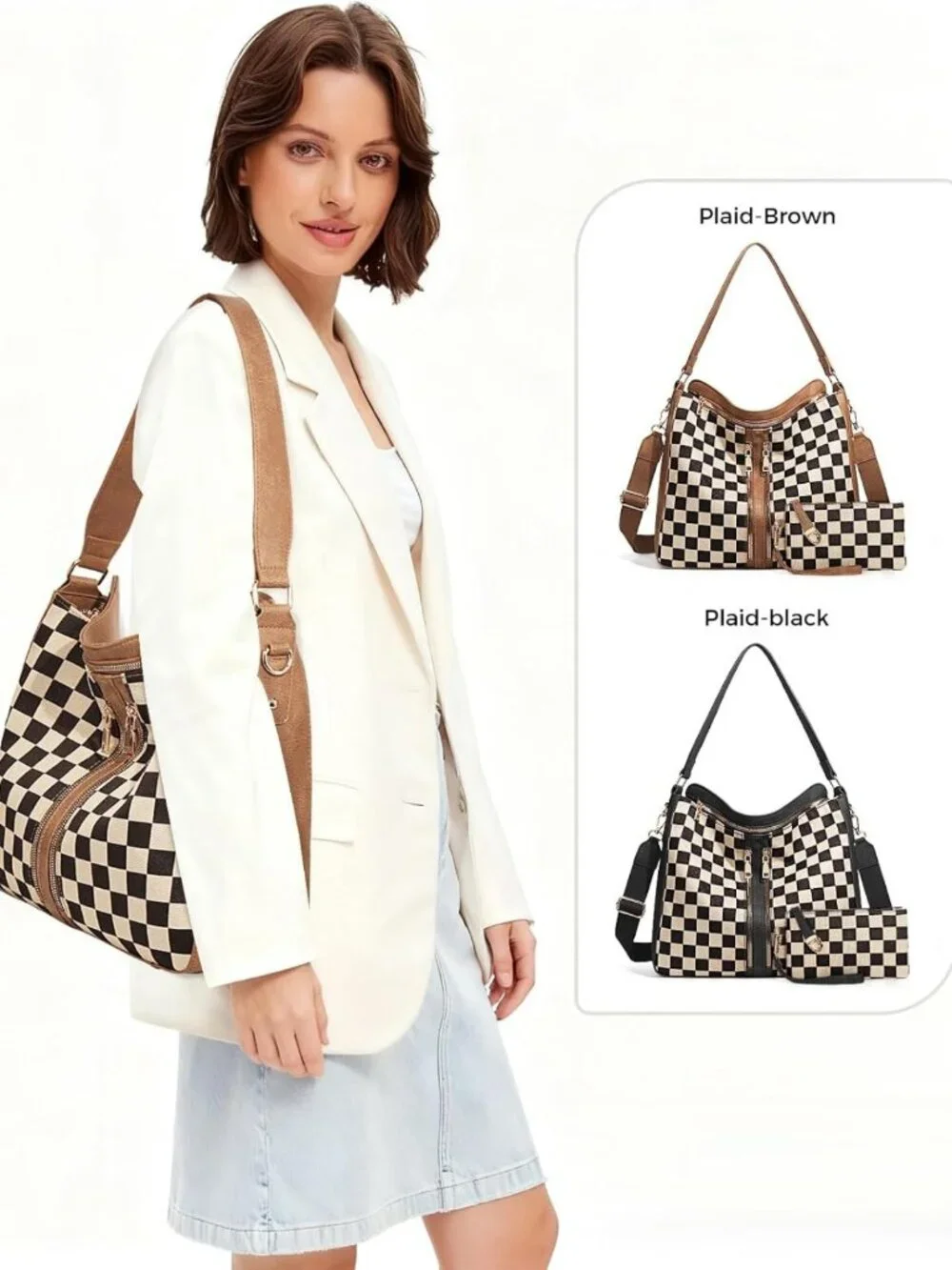 Stylish Checkered Hobo Handbag & Crossbody Bag - Plaid Tote Purse for Daily Use